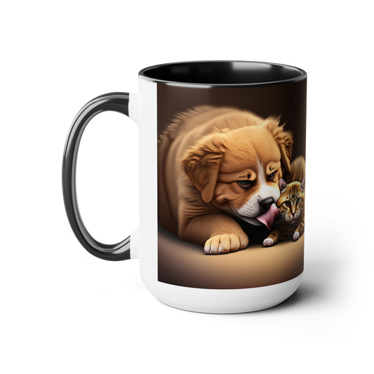 Two-Tone Coffee Mugs, 15oz Grown Dog Cleaning Cat Mug, Cat and Dog Gifts, Cat and Dog Coffee Mug, Cat and Dog Dichotomy
