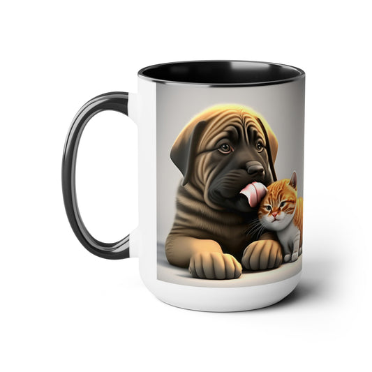 Two-Tone Coffee Mugs, 15oz Grown Dog Cleaning Yellow Cat Mug, Cat and Dog Gifts, Cat and Dog Coffee Mug, Cat and Dog Dichotomy