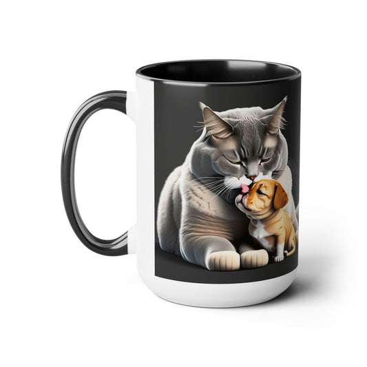 Two-Tone Coffee Mugs, 15oz Grey Cat Cleaning Puppy Mug, Cat and Dog Gifts, Cat and Dog Coffee Mug, Cat and Dog Dichotomy