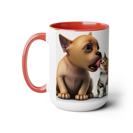 Two-Tone Coffee Mugs, 15oz Puppy Cleaning Kitten Mug, Cat and Dog Gifts, Cat and Dog Coffee Mug, Cat and Dog Dichotomy