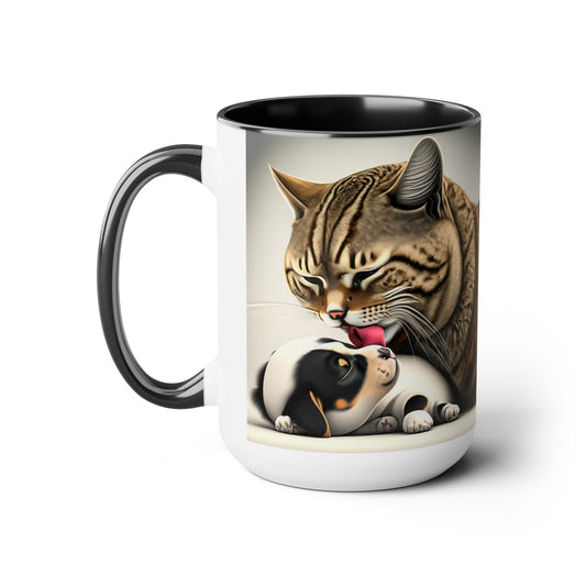 Two-Tone Coffee Mugs, 15oz Grown Cat Cleaning Puppy Mug, Cat and Dog Gifts, Cat and Dog Coffee Mug, Cat and Dog Dichotomy