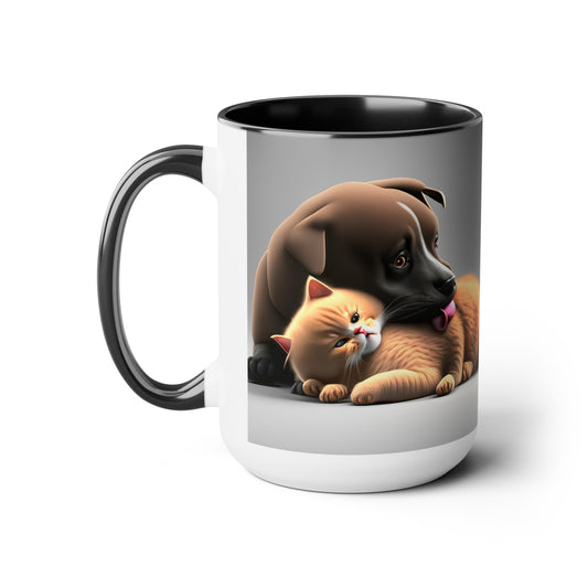 Two-Tone Coffee Mugs, 15oz Brown Dog Cleaning Yellow Cat Mug, Cat and Dog Gifts, Cat and Dog Coffee Mug, Cat and Dog Dichotomy